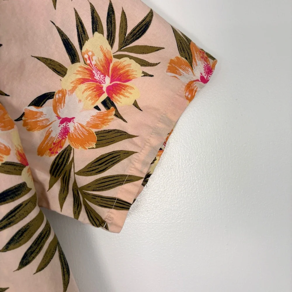 Lands' End Women Top L Peach Pink‎ Tropical Hibiscus Floral Short Sleeve Cotton